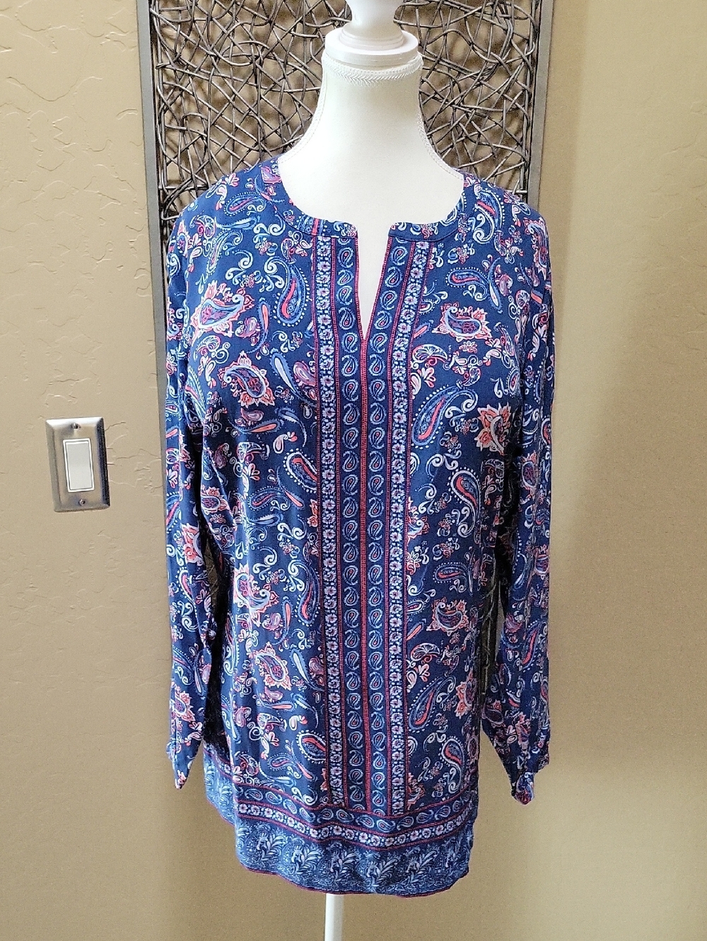 J. Jill Blue Paisley Long-Sleeve Tunic with Pink, White & Light Blue Accents